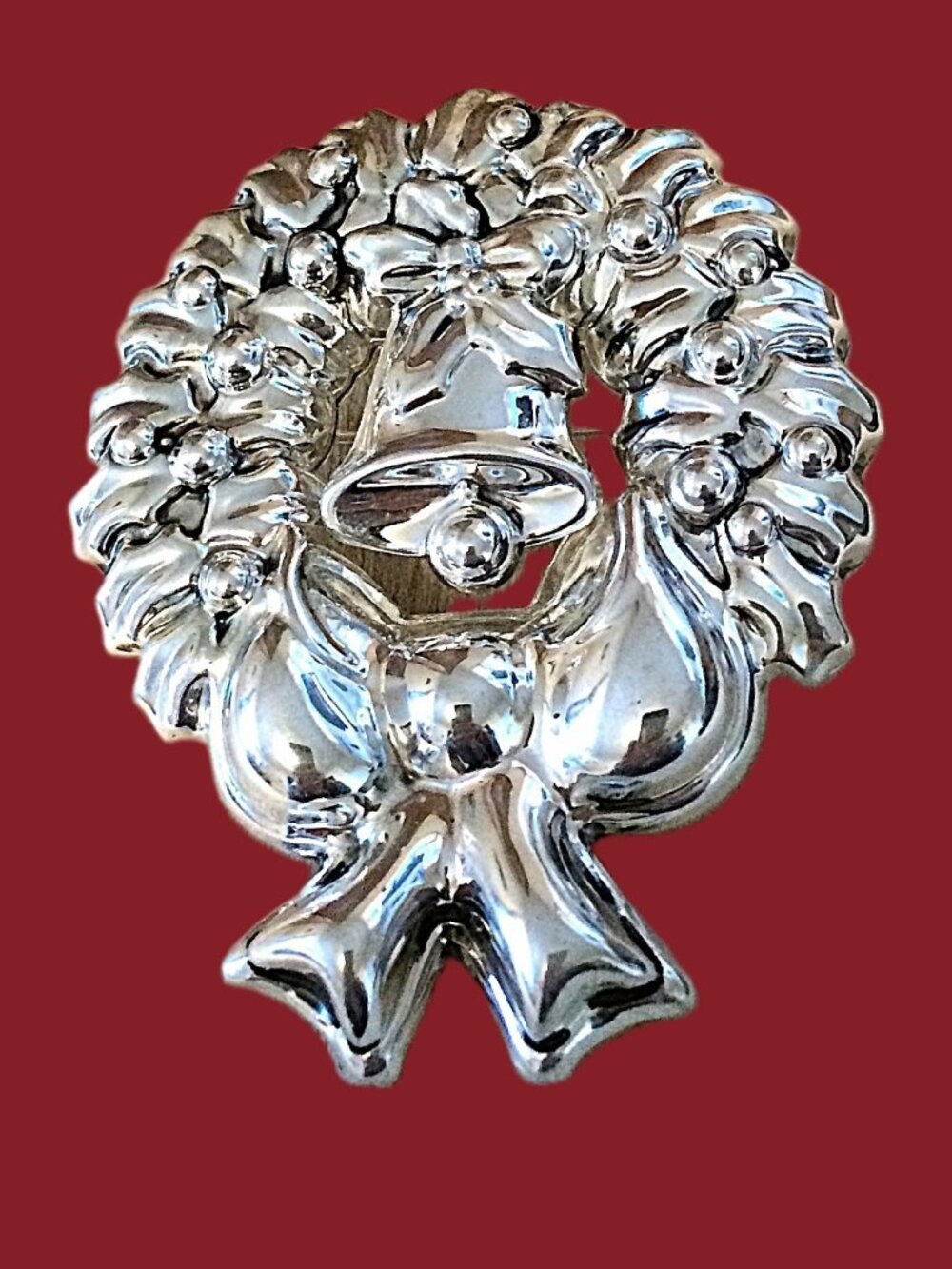 NOS Substantial Vintage Silver Tone 2 1/4" Christmas Wreath Bell Brooch Pendant